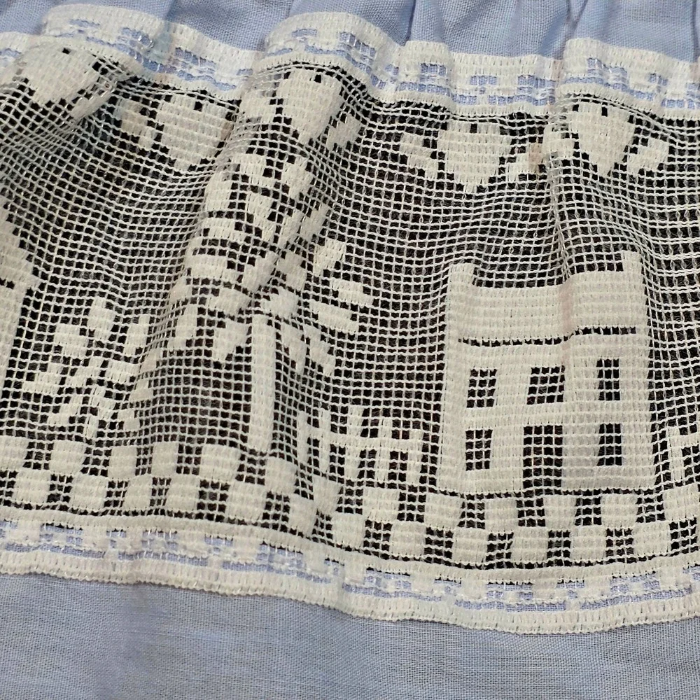 Vintage Blue White Village Scene Lace Ruffle Tier Curtains Set of 2 Valance USA